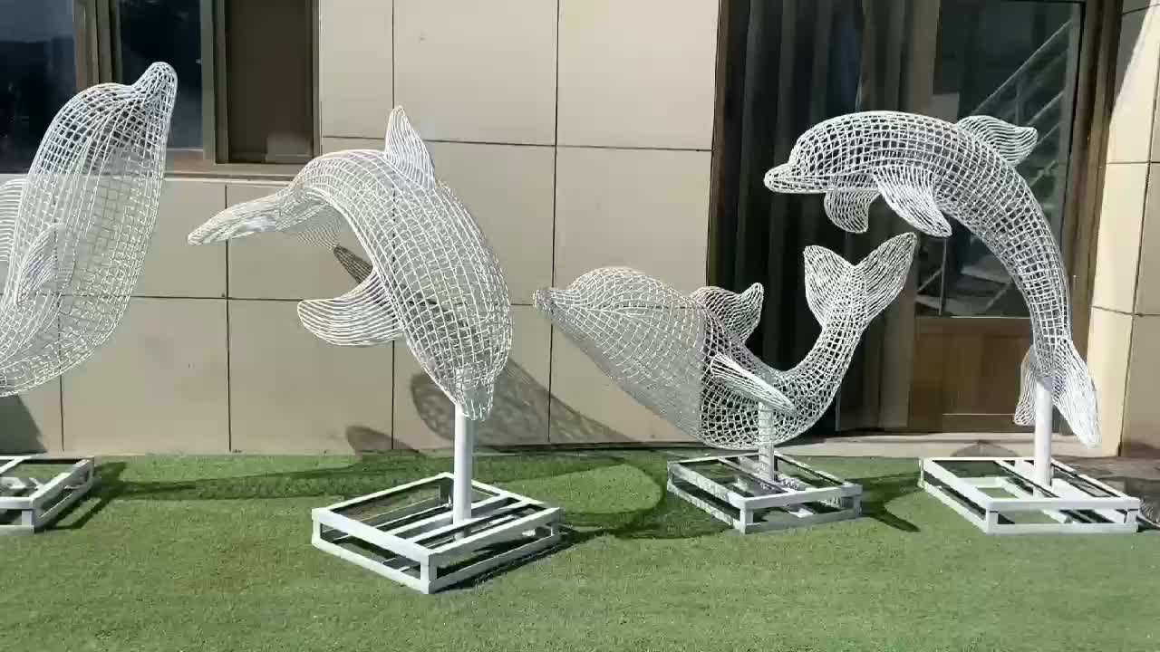 大型户外园林不锈钢丝镂空海豚景观雕塑定制