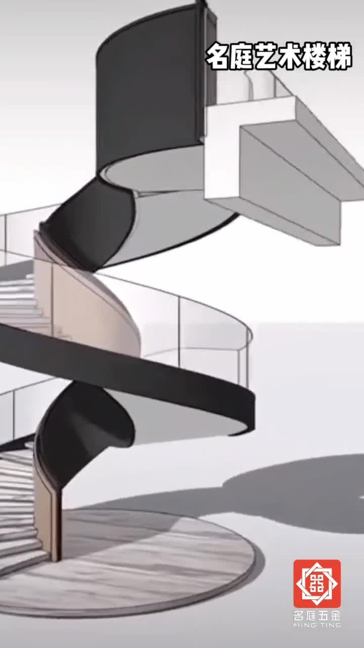 现代艺术悬浮钢结构旋转楼梯热弯玻璃护栏